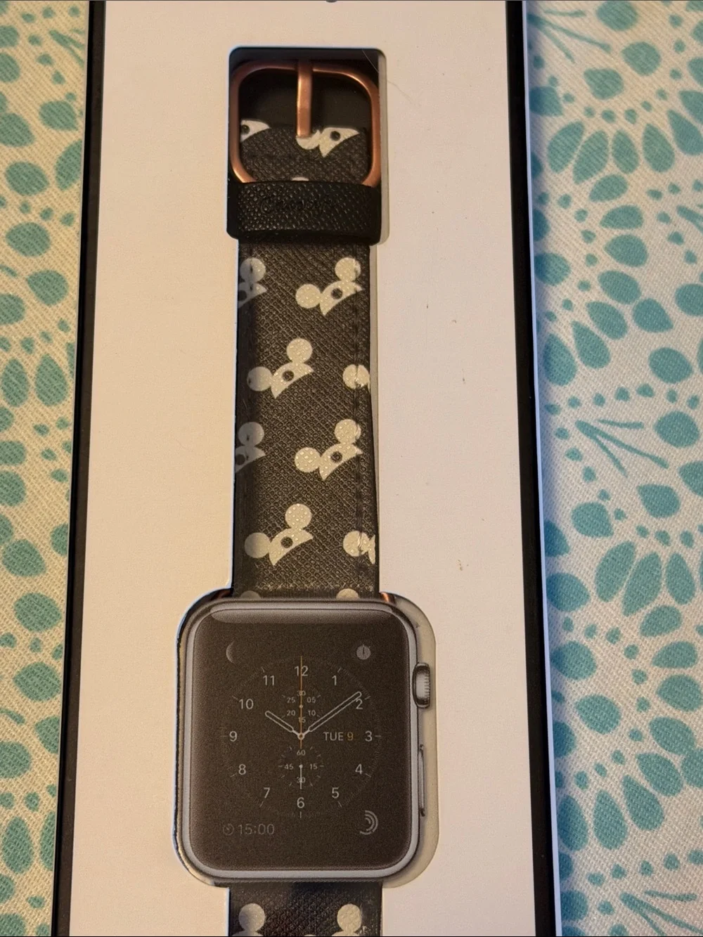 Casetify Black iWatch 38mm Band with White Mouse Ears and Rose Gold Buckle
